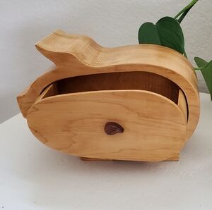 Vtg Farmhouse Handcarved Figural Wood Pig w/ Drawer, Matches/Toothpicks 6 1/4"